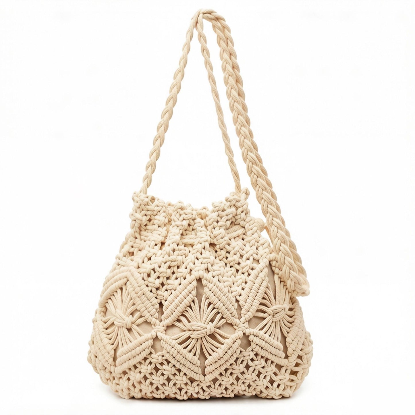 Macrame Bucket Bag Knotted Rope Handbag Drawstring Shoulder Bag Textured Woven Crossbody Style Lightweight Boho Purse