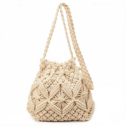 Macrame Bucket Bag Knotted Rope Handbag Drawstring Shoulder Bag Textured Woven Crossbody Style Lightweight Boho Purse