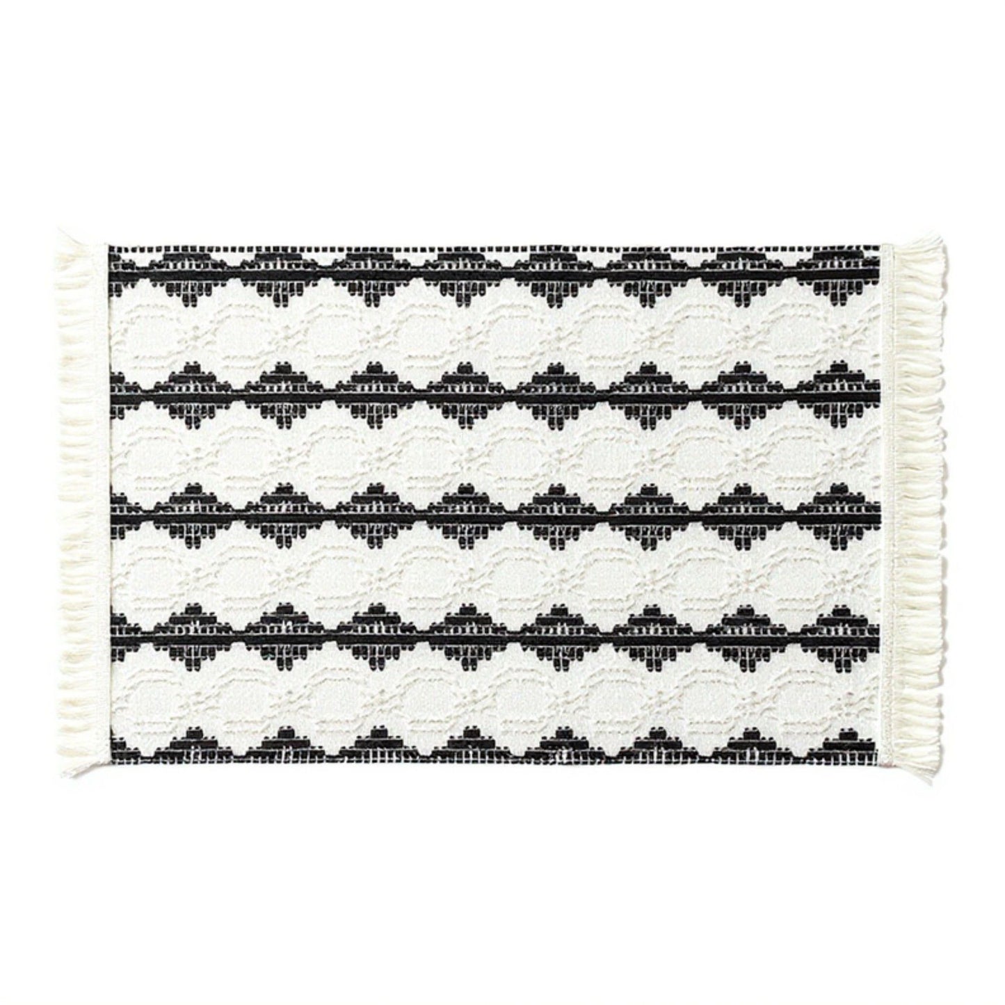 4 Set Woven Rectangular Placemats with Black Geometric Pattern and Fringe Edges 13x19.5 in