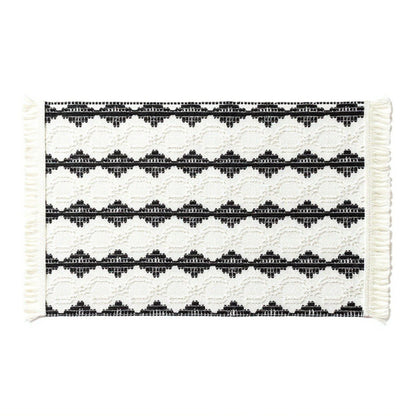 4 Set Woven Rectangular Placemats with Black Geometric Pattern and Fringe Edges 13x19.5 in