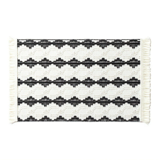 4 Set Woven Rectangular Placemats with Black Geometric Pattern and Fringe Edges 13x19.5 in