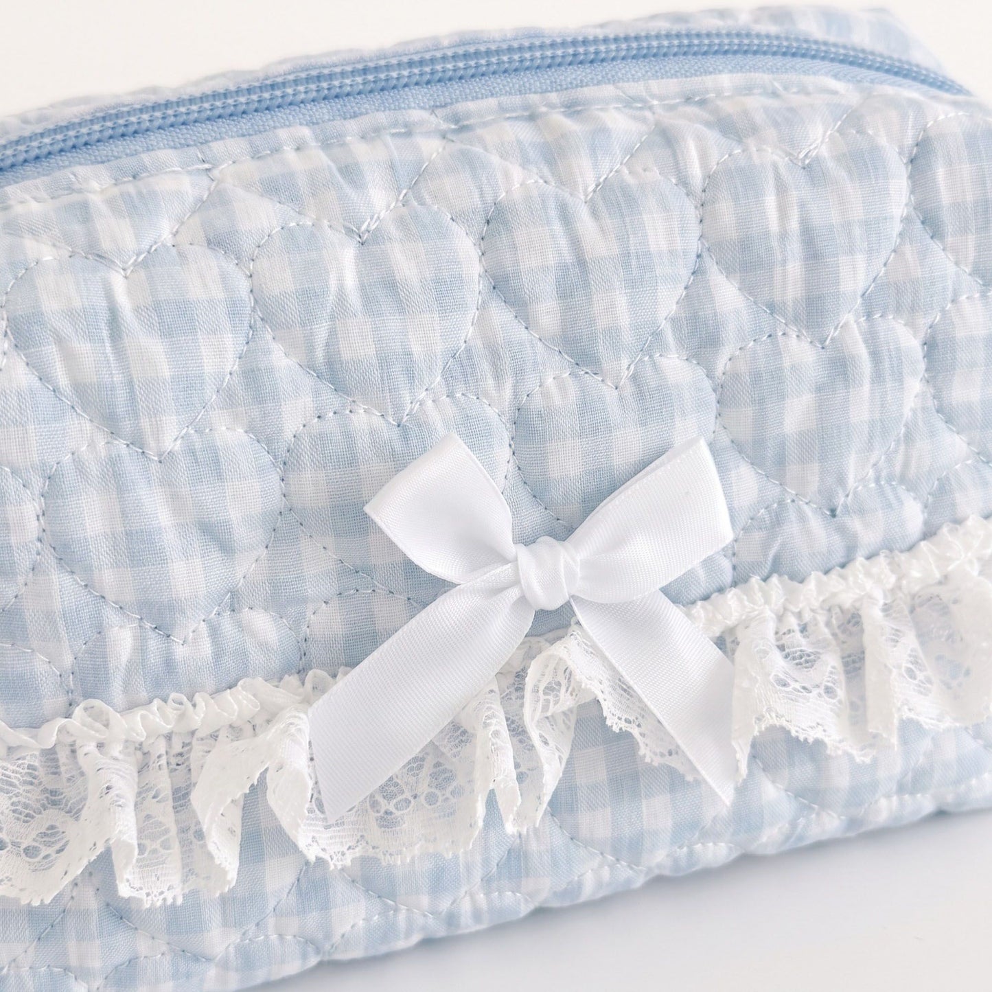 Womens Gingham Quilted Cosmetic Bag with Lace Bow Detail