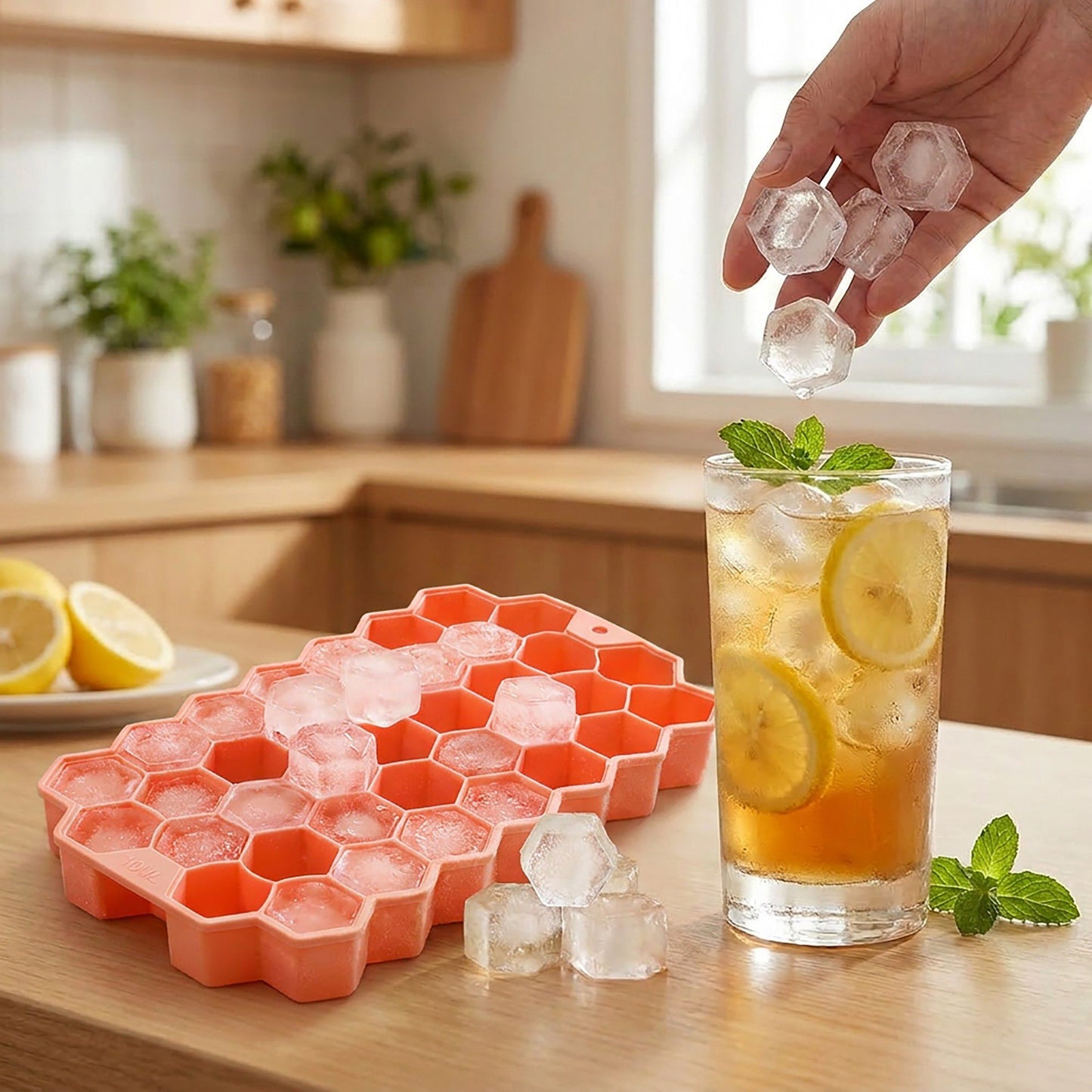 2-Piece Honeycomb Ice Cube Tray - 37-Grid Flexible Mold with Spill-Resistant Lid