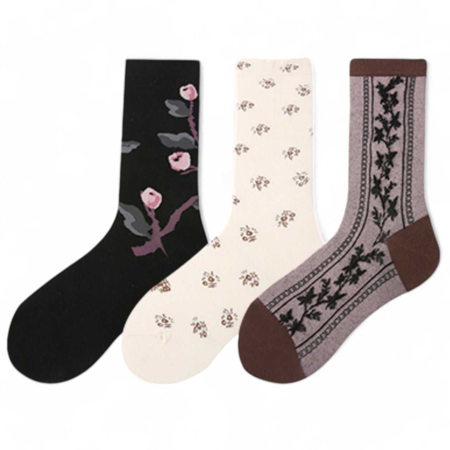 Women's 3-Pack Patterned Crew Socks with Vintage Embroidered Floral and Abstract Prints