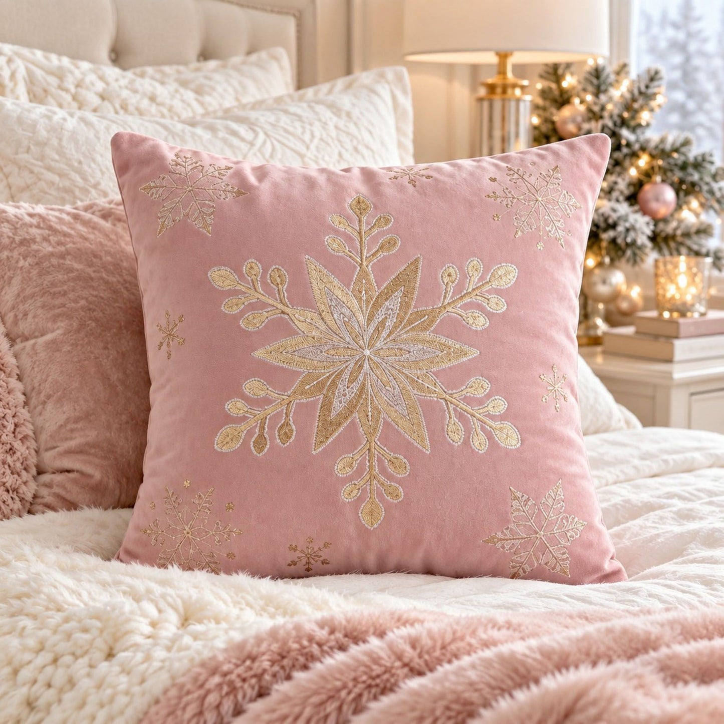 Snowflake Embroidered Decorative Throw Pillow Cover (Single Piece)
