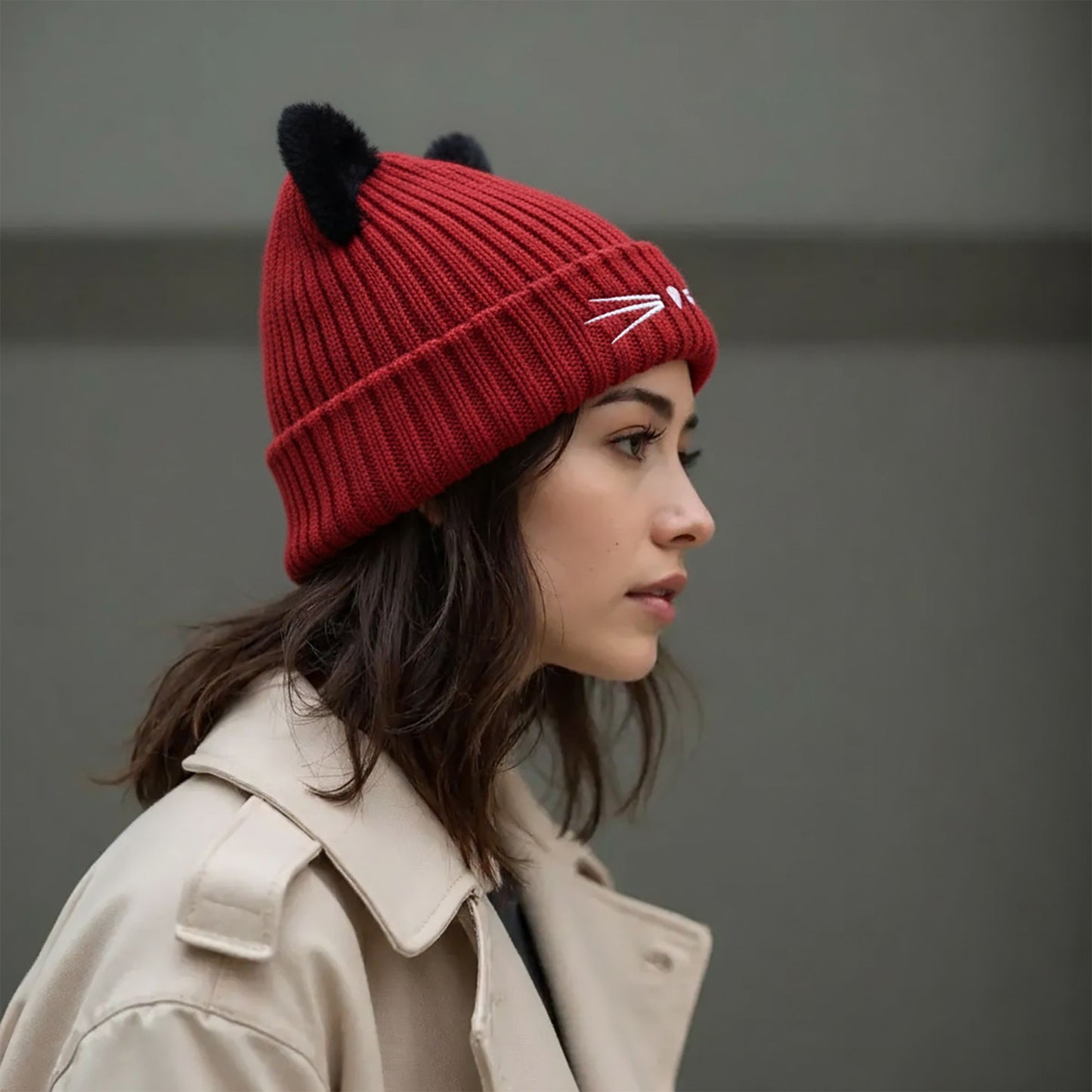 Cat Ear Knit Beanie - Faux Fur Ears with Valentine Heart Whisker Embroidery for Cute Casual Winter Wear
