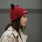 Cat Ear Knit Beanie - Faux Fur Ears with Valentine Heart Whisker Embroidery for Cute Casual Winter Wear