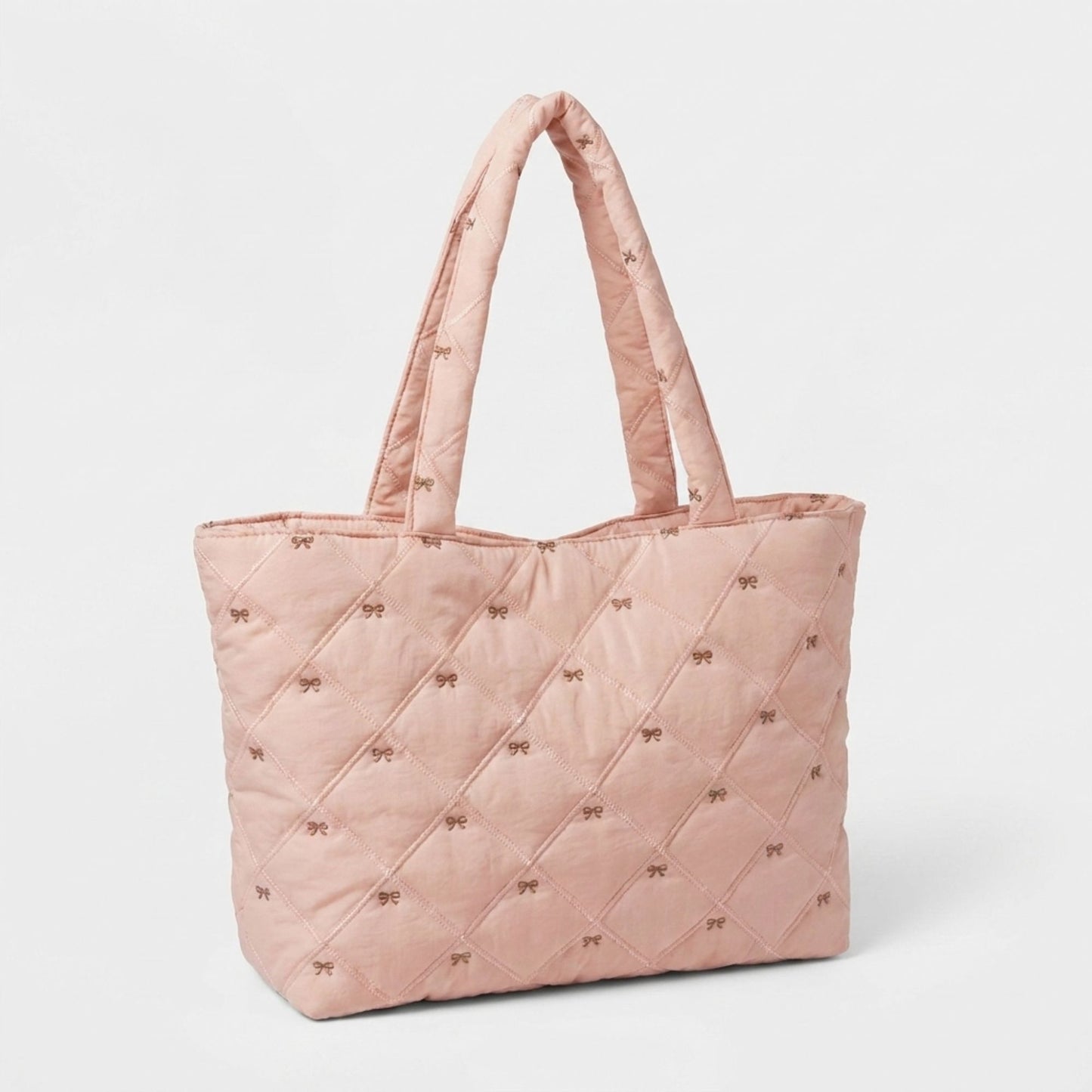 Quilted Tote Bag Large Capacity Shoulder Bag with Bow Embroidery and Magnetic Closure