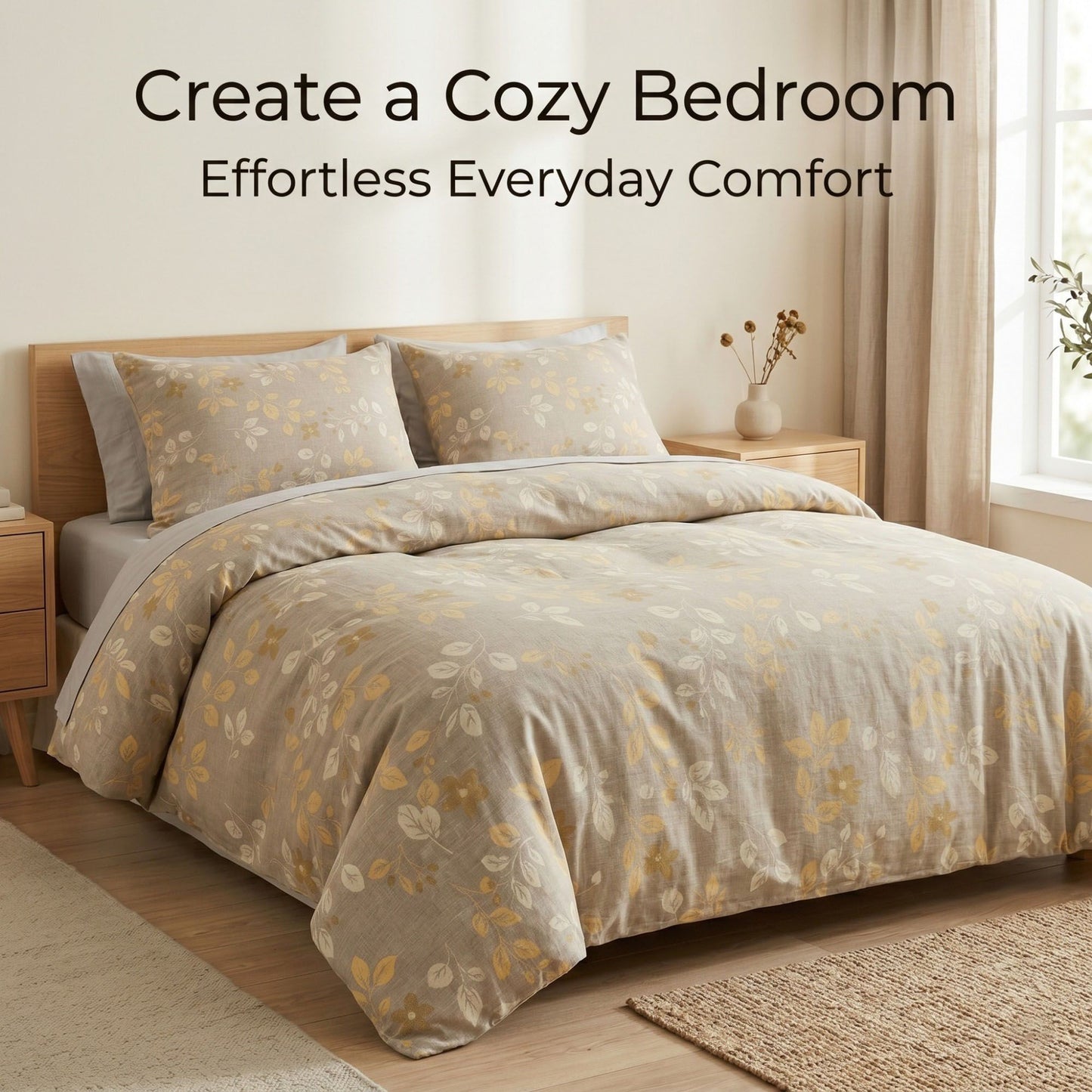 3-Piece Cotton Bedding Set with Duvet Cover and Pillowcases Soft Washed Fabric Botanical Floral Print