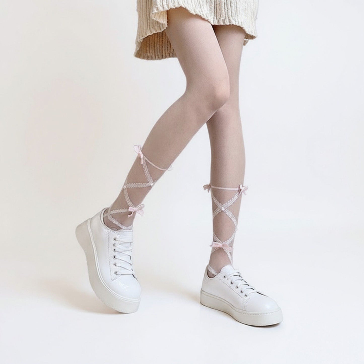 Sheer Tights with Crisscross Lace Ribbon and Bow Detail at Ankles