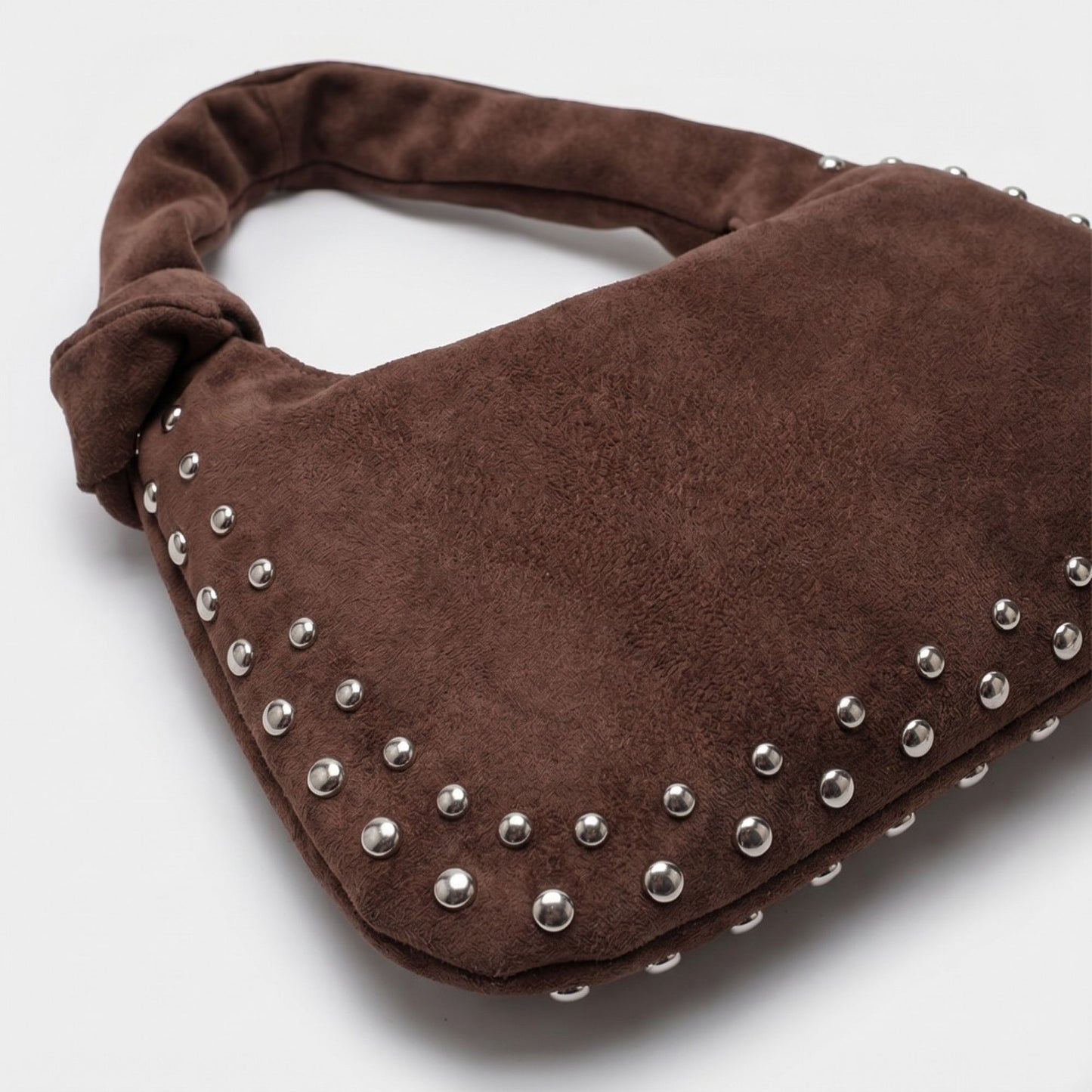 Studded Hobo Shoulder Bag with Padded Strap Knotted Detail Top Zip Closure