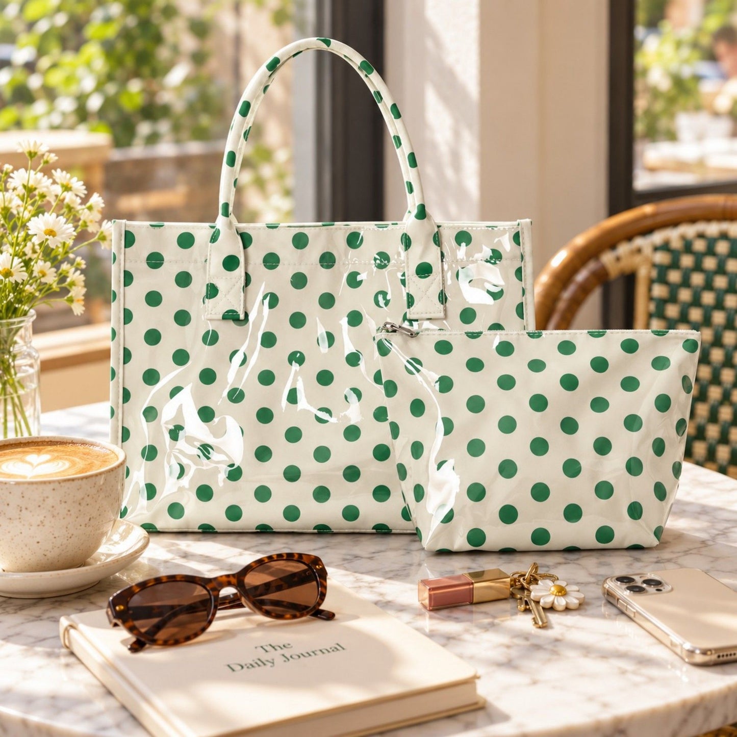 Polka Dot Tote Bag with Matching Cosmetic Pouch Set