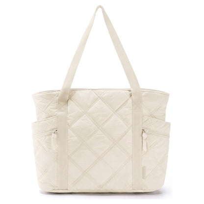 Oversized Quilted Tote Bag with Exterior Zip Pockets and Long Shoulder Straps 15.5x12.5x6.5in