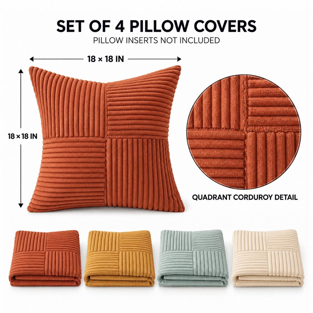 4 Pack Patchwork Corduroy Throw Pillow Covers 18 x 18 Inch for Sofa and Bed