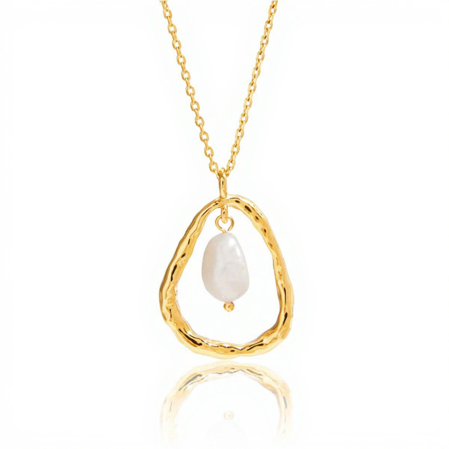 Textured Open Teardrop Pendant Necklace with Organic Hammered Frame and Dainty Suspended Faux Pearl Accent Charm