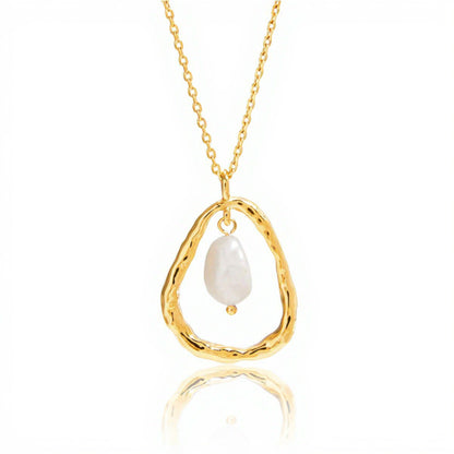 Textured Open Teardrop Pendant Necklace with Organic Hammered Frame and Dainty Suspended Faux Pearl Accent Charm