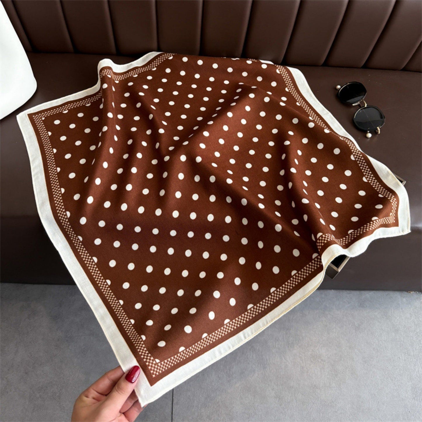 Polka Dot Satin Square Scarf with Contrasting Border Trim 27x27in