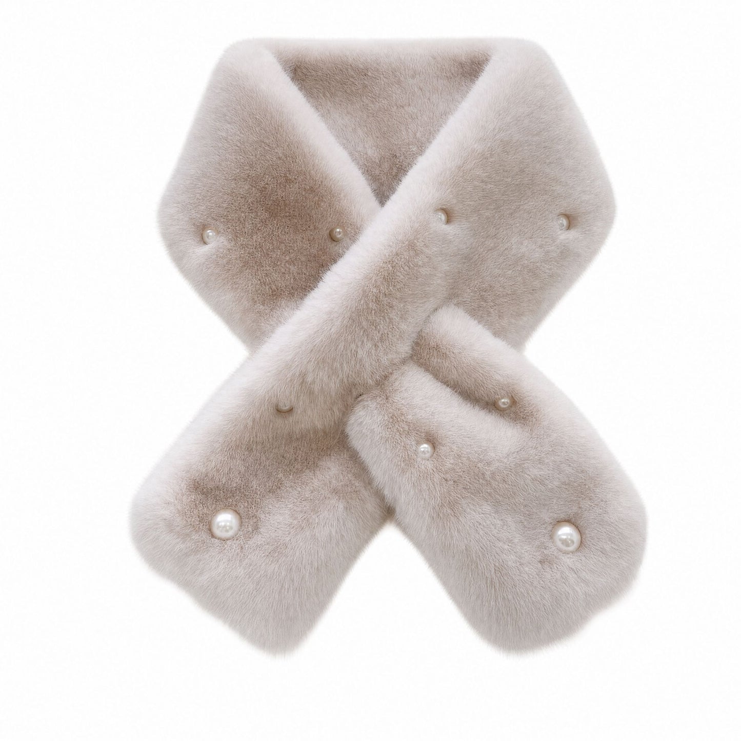 Plush Faux Fur Scarf with Pearl Accents Soft Winter Neck Warmer 31.5*4.7 Inches