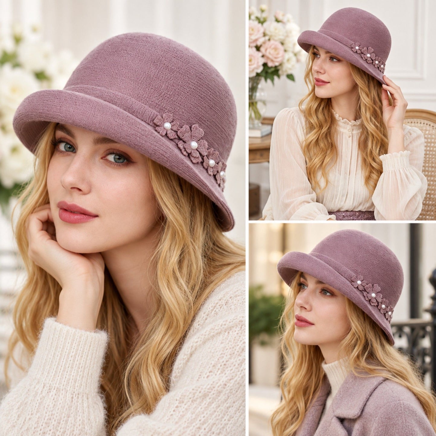 Floral Pearl Accent Cloche Hat Adjustable Brim Dress Hat
