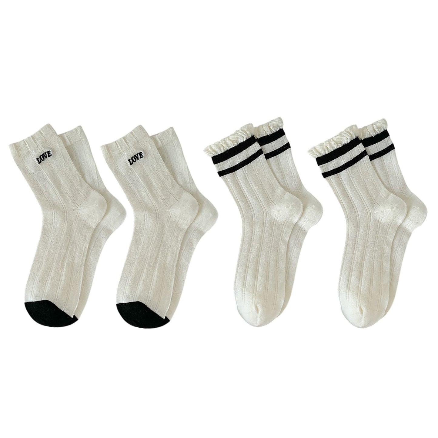 4 Pairs Crew Socks with Black and White Patterns Soft Cotton Texture Heart and Stripe for Flats and Dress Shoes