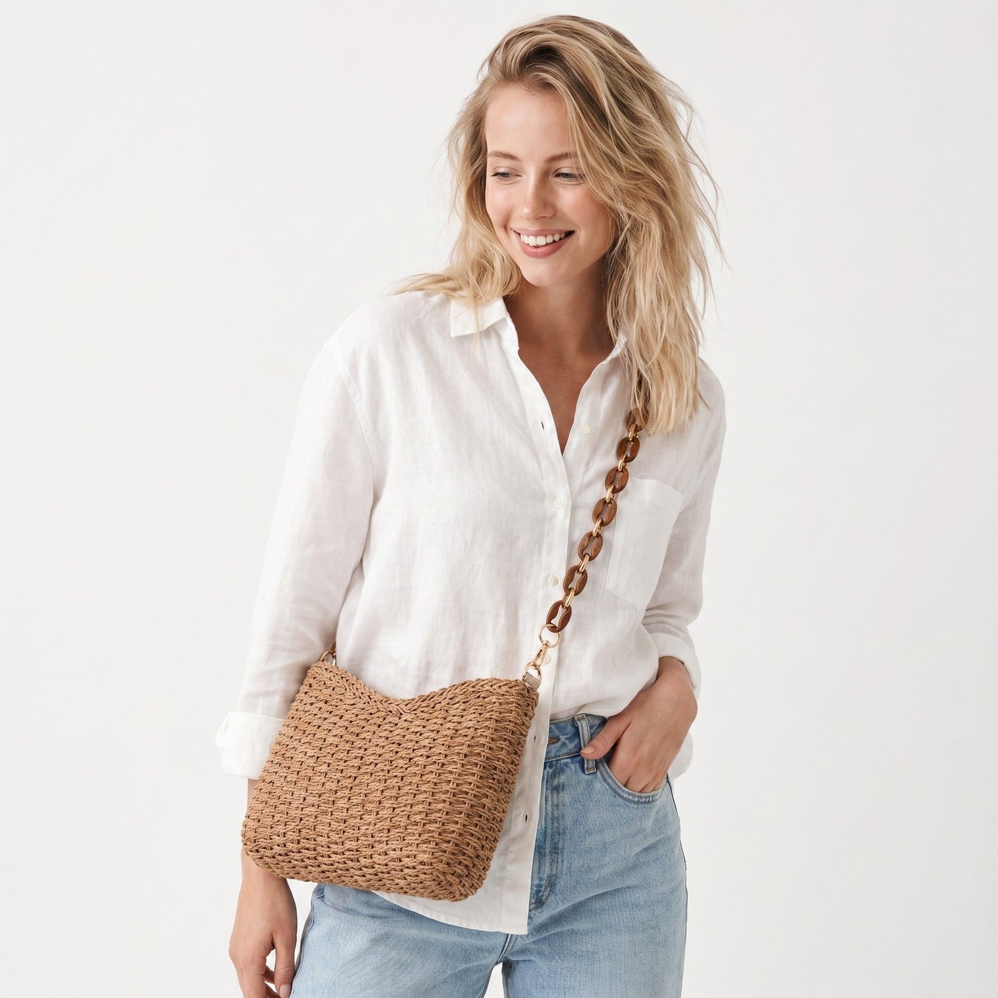 Woven Shoulder Bag with Chain Strap Zip Closure and Interior Slip Pocket