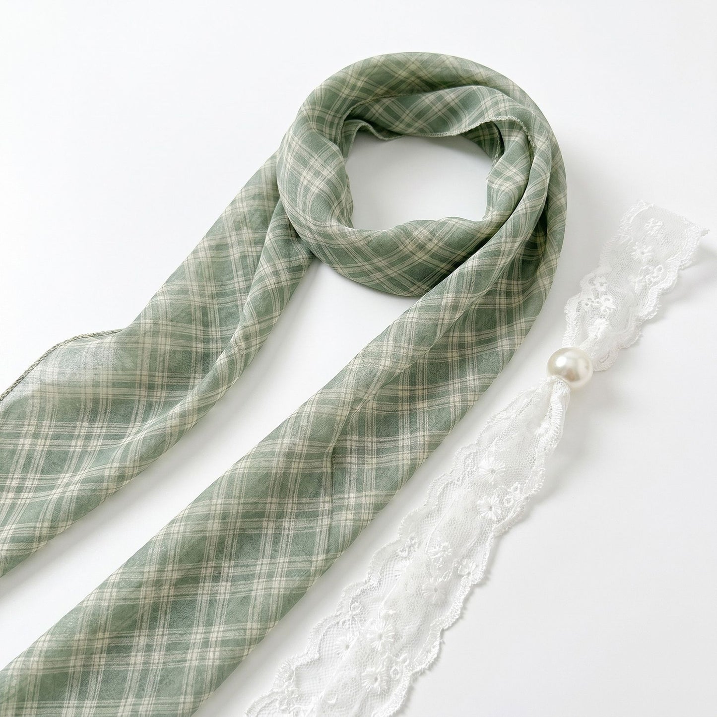 Sheer Skinny Scarf with Lace Trim Faux Pearl Accent and Long Neck Tie Design