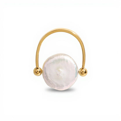 Women's Gold Tone Adjustable Ring with Round Irregular Pearl Center and Polished Bead Accents