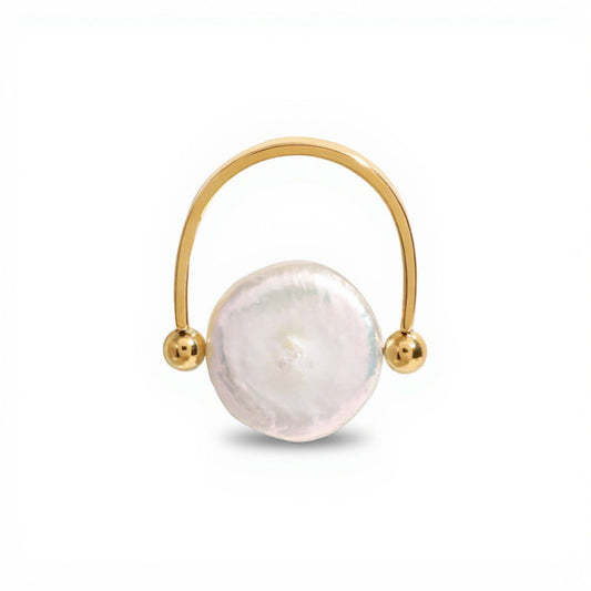 Women's Gold Tone Adjustable Ring with Round Irregular Pearl Center and Polished Bead Accents