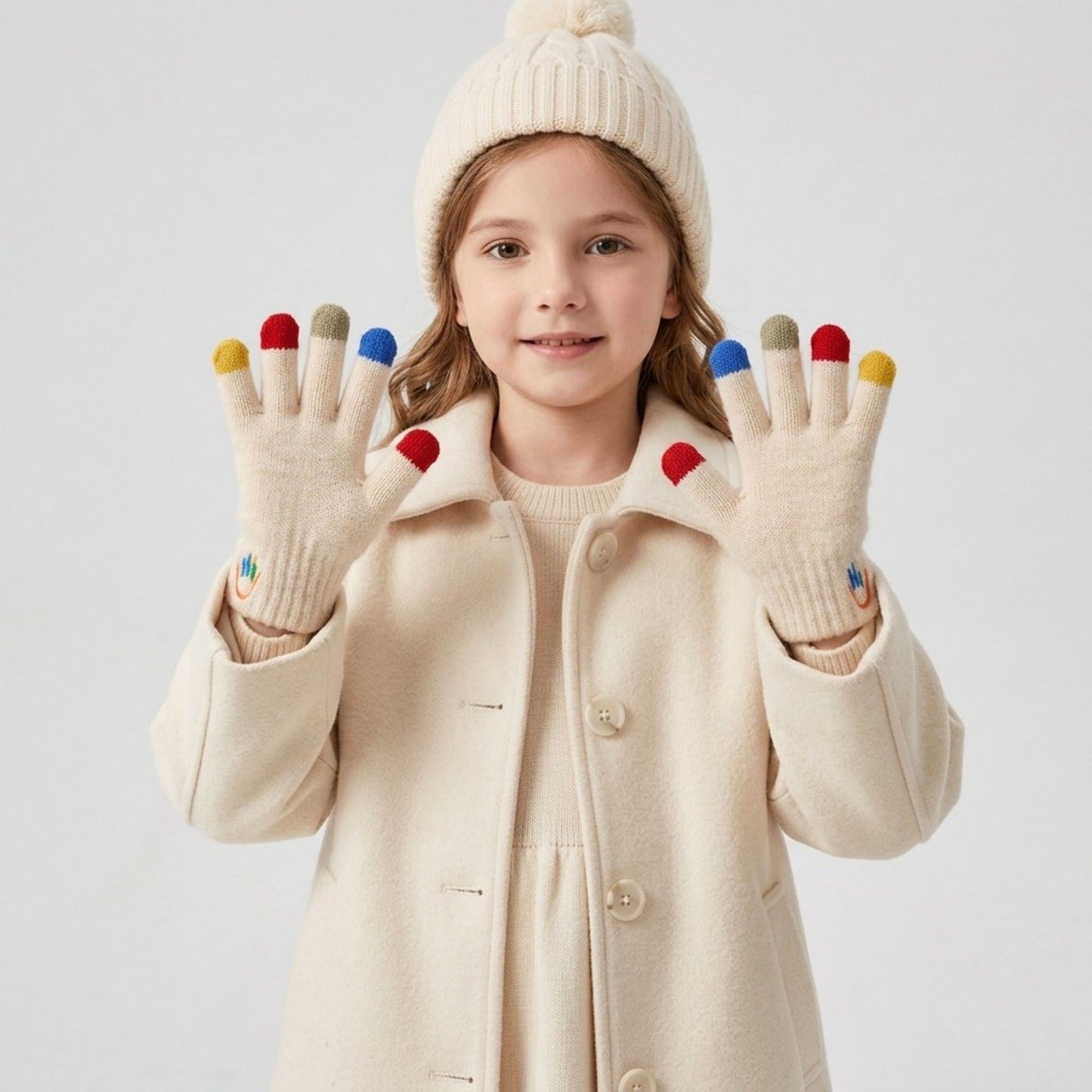 Kids Knit Gloves with Contrast Fingertips and Embroidered Detail 5.3 x 2.5in