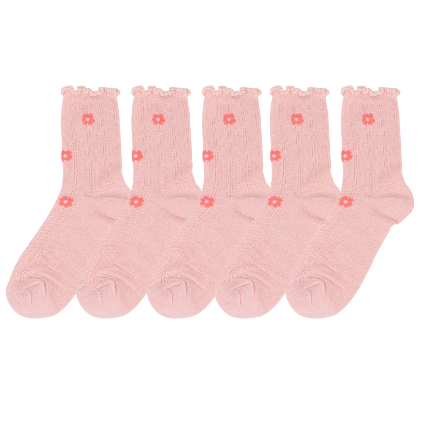 5-Pair Set Ruffle Ankle Socks with Floral Embroidery and Breathable Knit Design for Flats or Mary Janes