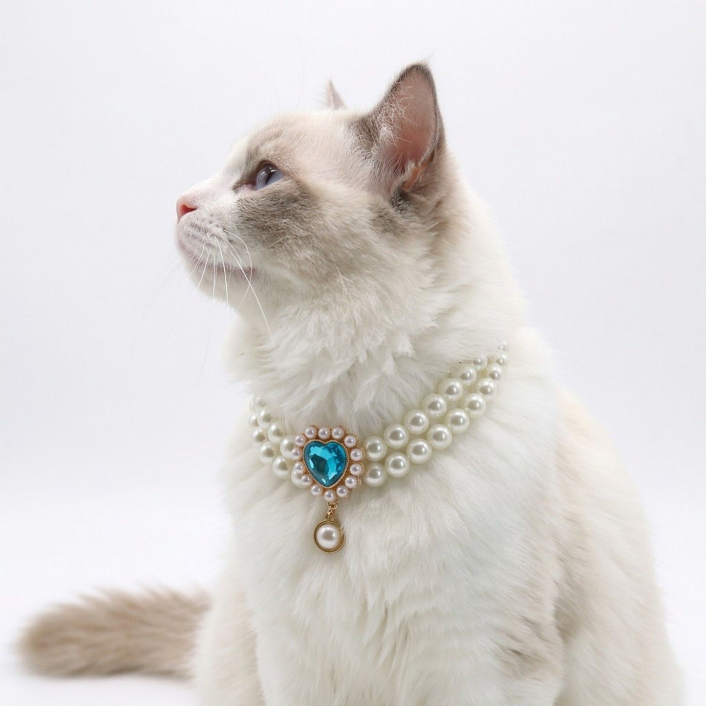 Double Strand Faux Pearl Pet Necklace Heart Gem Pendant Adjustable Collar Jewelry for Cats and Small Dogs