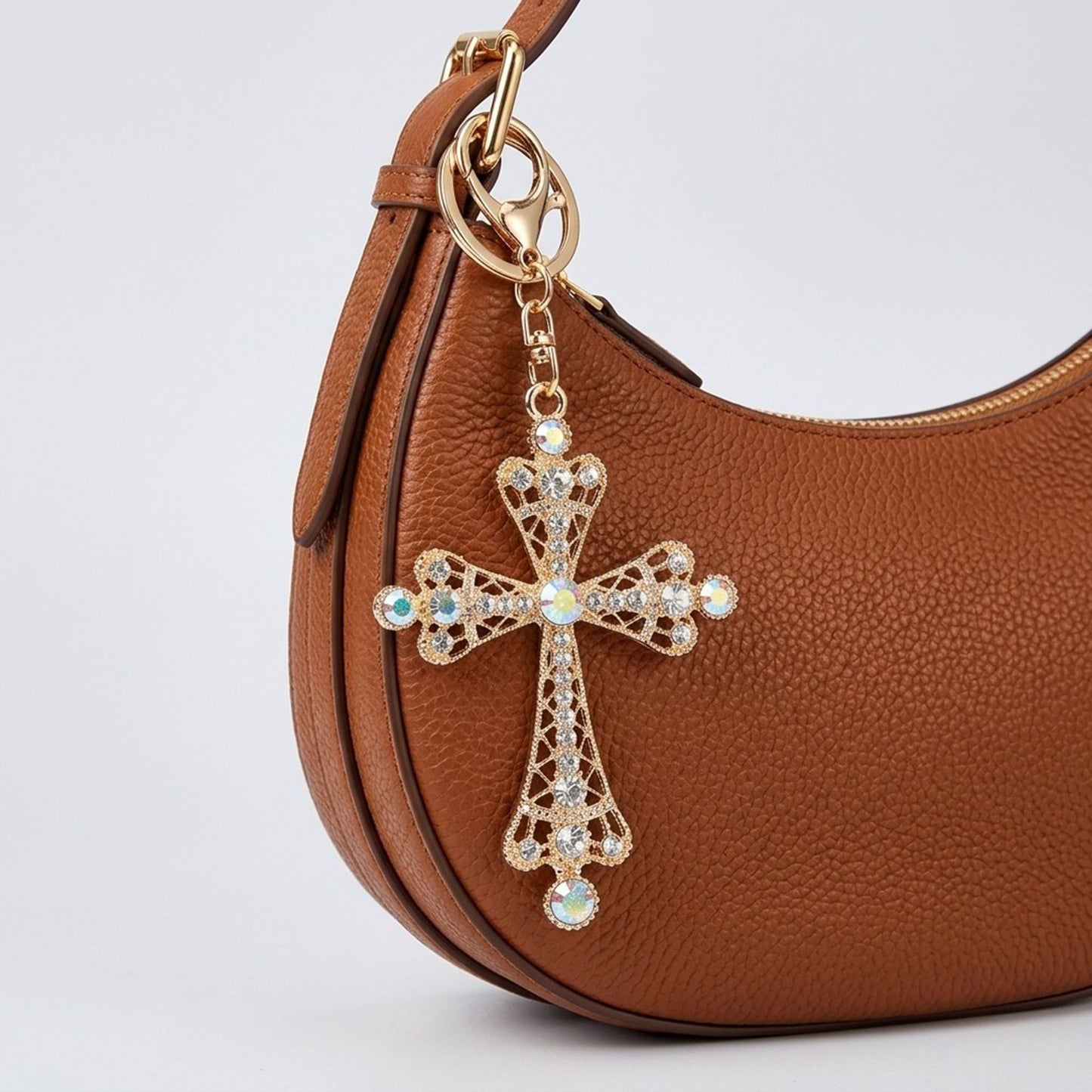 2pc Cross Pearl Rhinestone Keychain Bag Charm with Lobster Clasp and Key Ring
