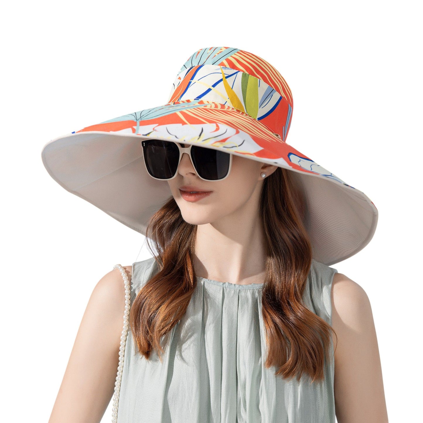 Wide Brim Floppy Sun Hat with Colorful Printed Underside UV Protection Lightweight Foldable Design for Outdoor Use