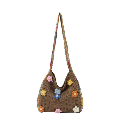 Women's Crochet Shoulder Bag with Daisy Applique and Wide Strap