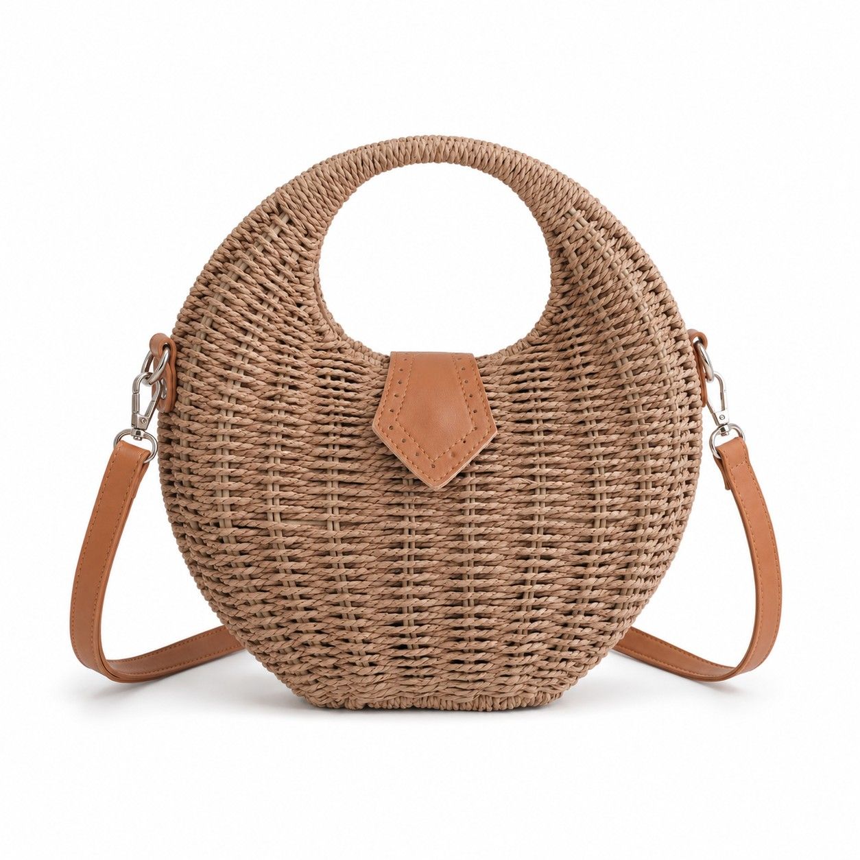 Round Woven Top Handle Crossbody Bag with Magnetic Snap and Detachable Strap