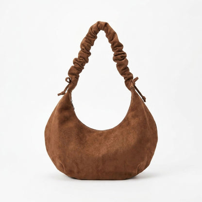 Faux Suede Hobo Shoulder Bag Ruched Strap Zipper Closure Everyday Purse