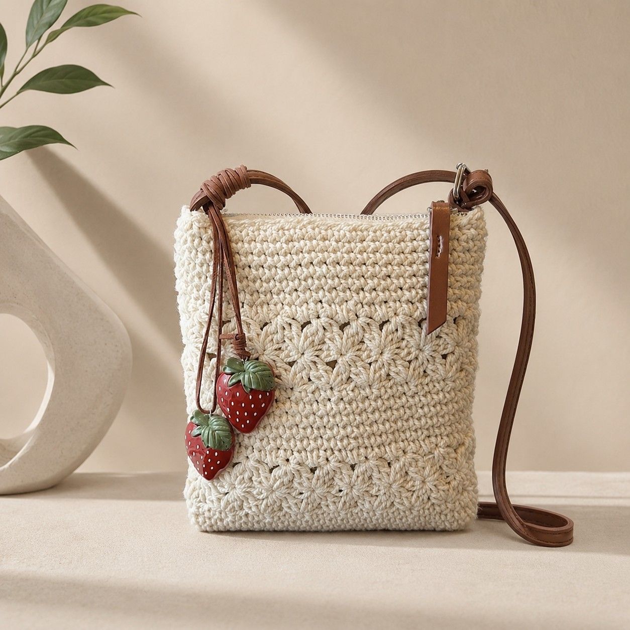 Crochet Crossbody Bag with Strawberry Charm, Adjustable Strap and Zip Closure