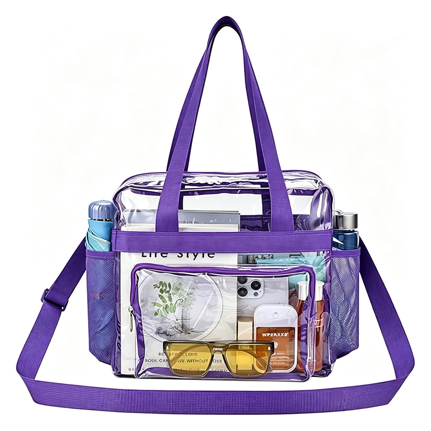 Clear Tote Bag with Exterior Mesh Pockets, Double Top Handles and Removable Adjustable Shoulder Strap