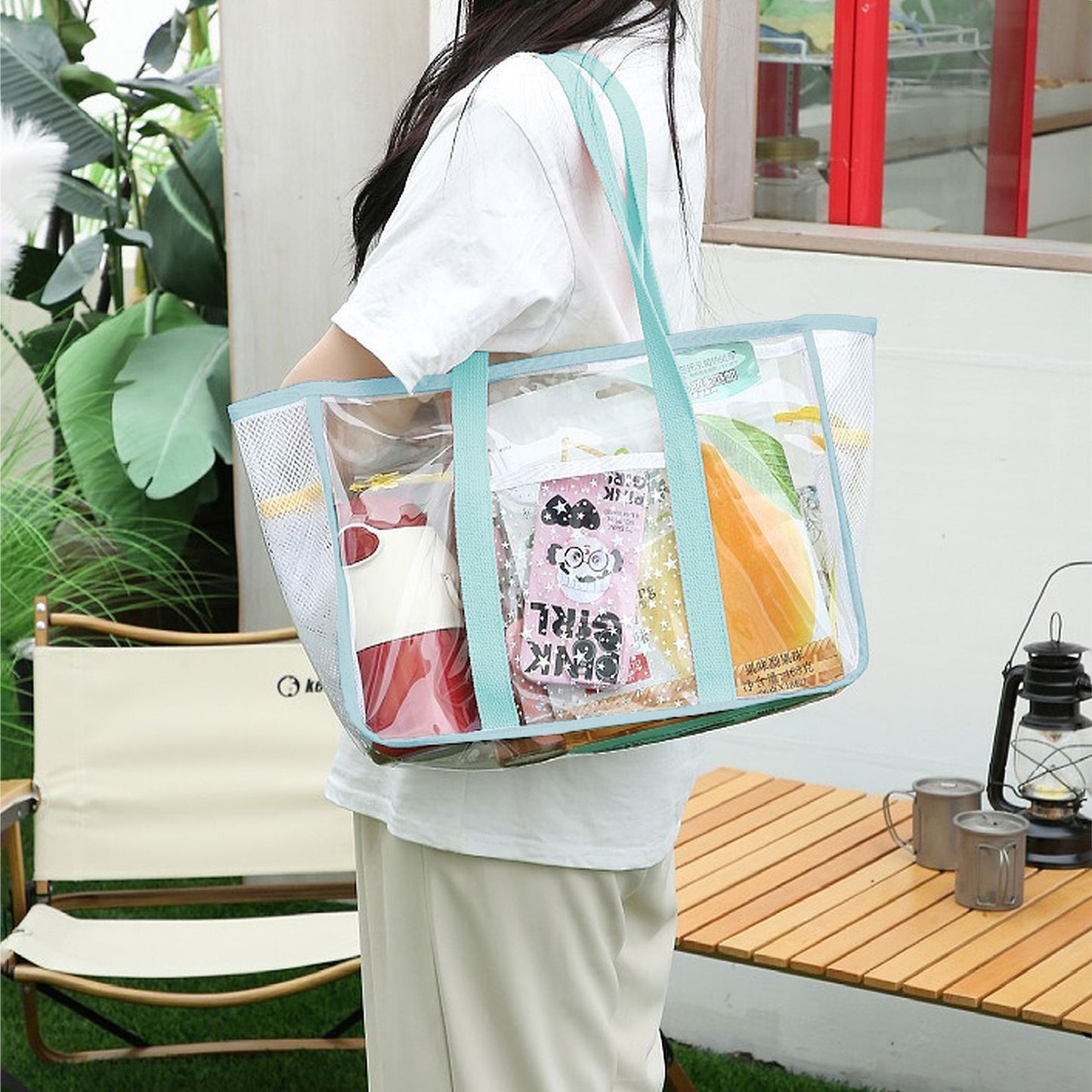 Transparent Mesh Beach Tote Bag - Waterproof Travel Shoulder Bag