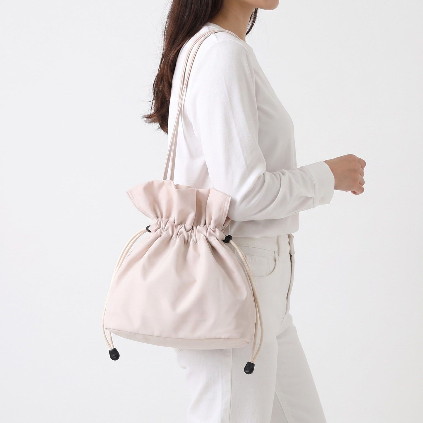 Drawstring Bucket Bag with Double Top Handles and Ruched Opening 11x9x4.5in