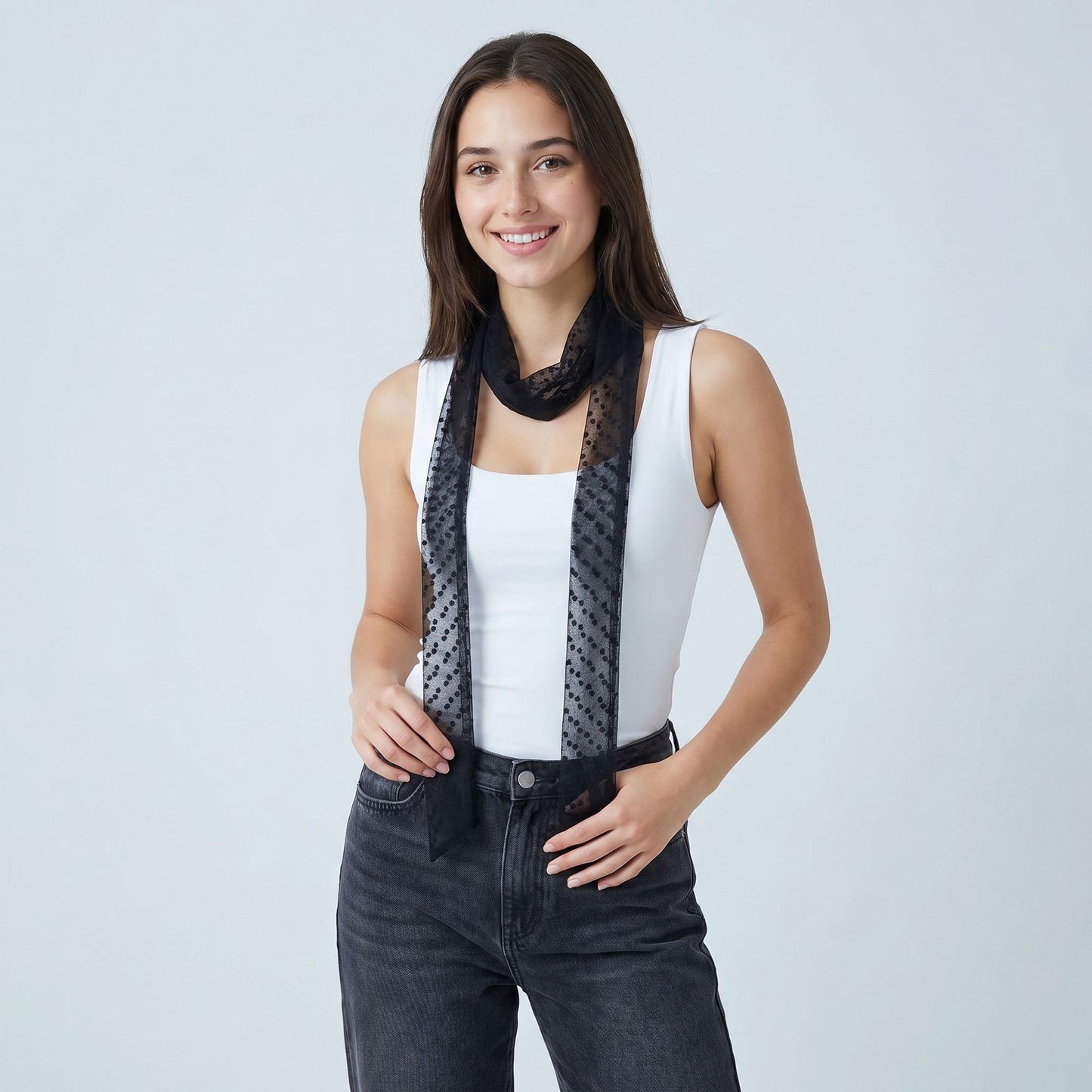 Sheer Skinny Scarf with Flocked Dot Texture and Long Neck Tie Design