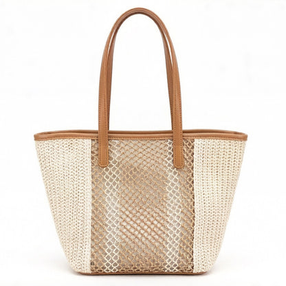 Woven Crochet Tote Bag with Textured Panel Design Leather Shoulder Strap Lightweight Handbag