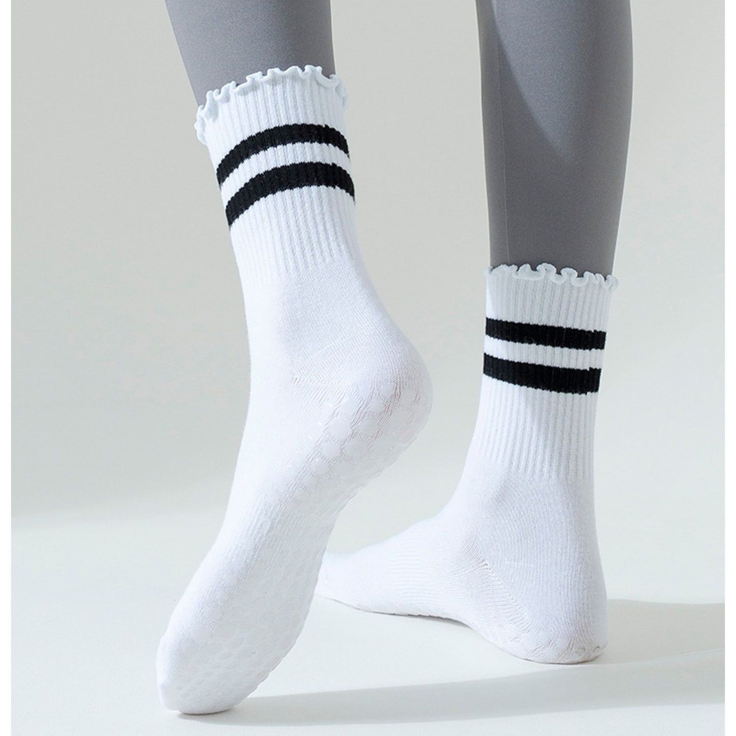 2-Pack Non-Slip Athletic Crew Socks with Ruffle Cuff and Stripe Detail Soft Stretch Fit