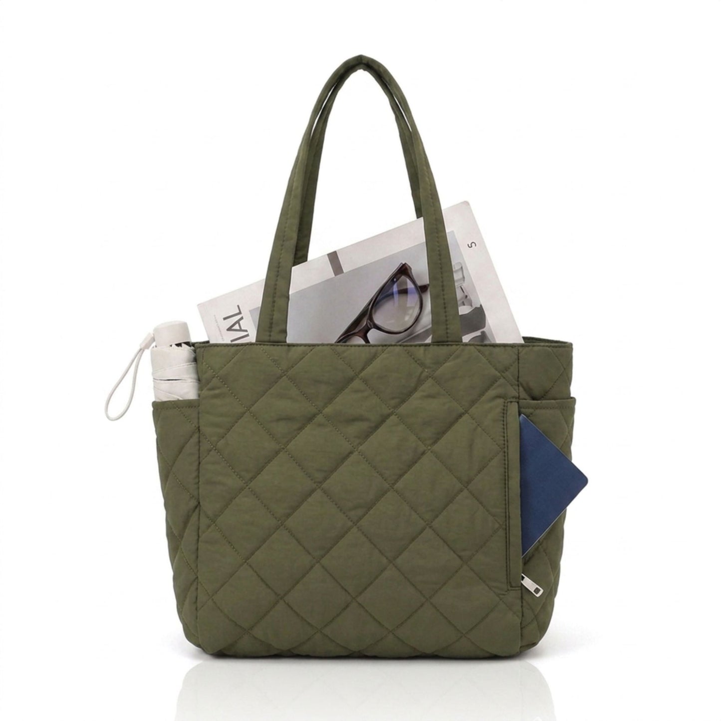 Quilted Tote Bag with Zipper Pockets and Water Resistant Fabric