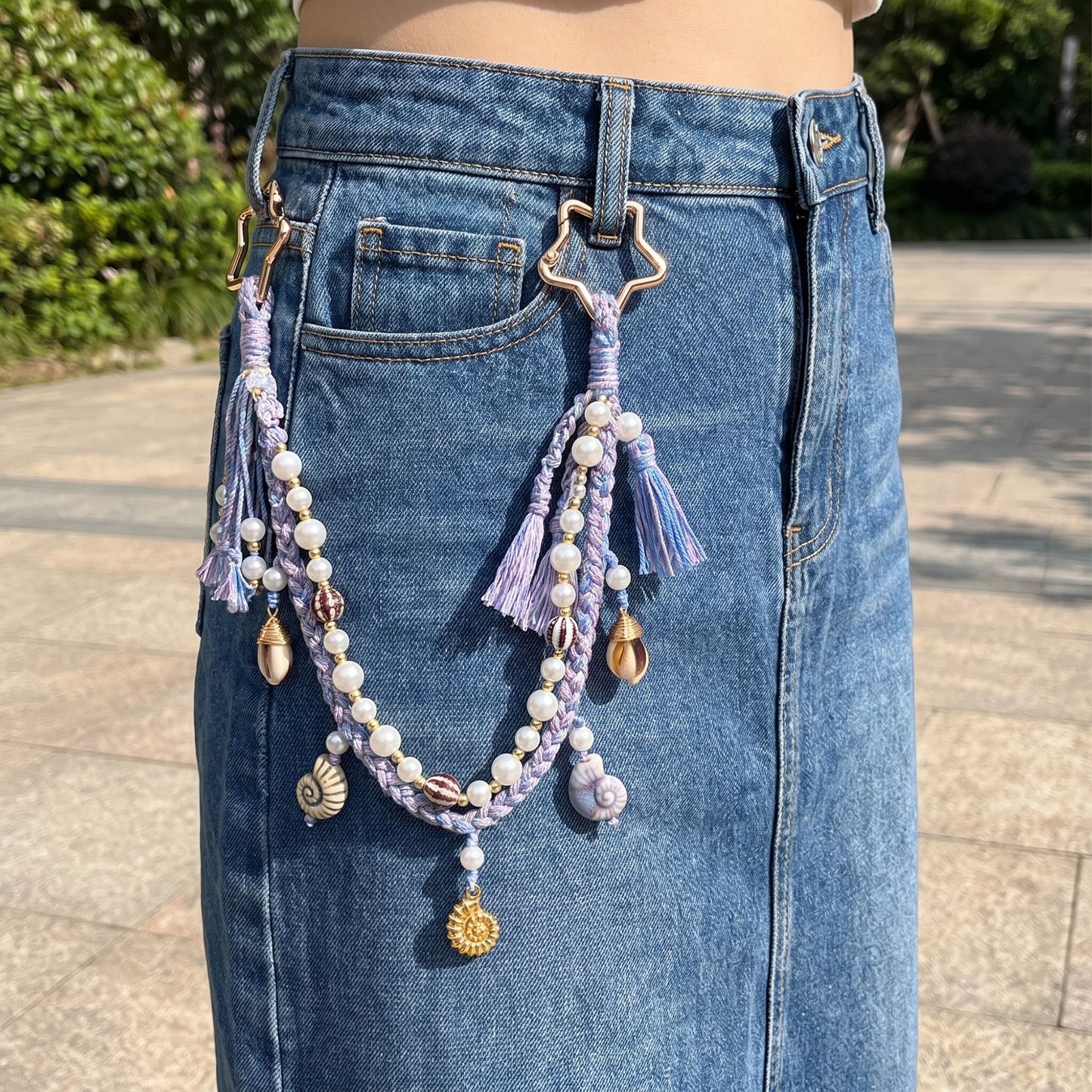 Purple Coastal Bag Charm with Star Clips Pearl Look Beads Braided Cord and Tassels