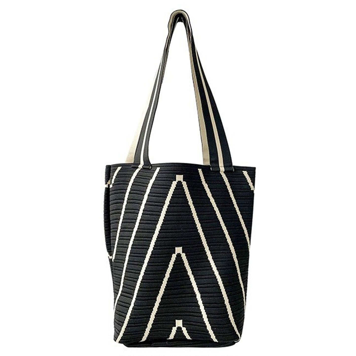 Geometric Stripe Knit Tote Bag with Long Shoulder Straps