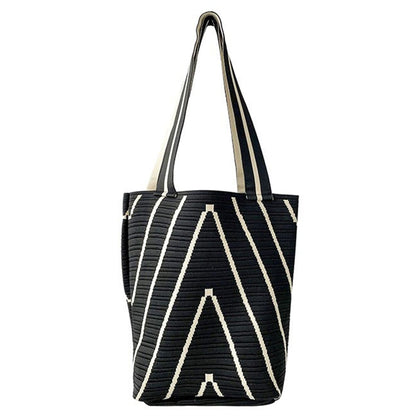Geometric Stripe Knit Tote Bag with Long Shoulder Straps