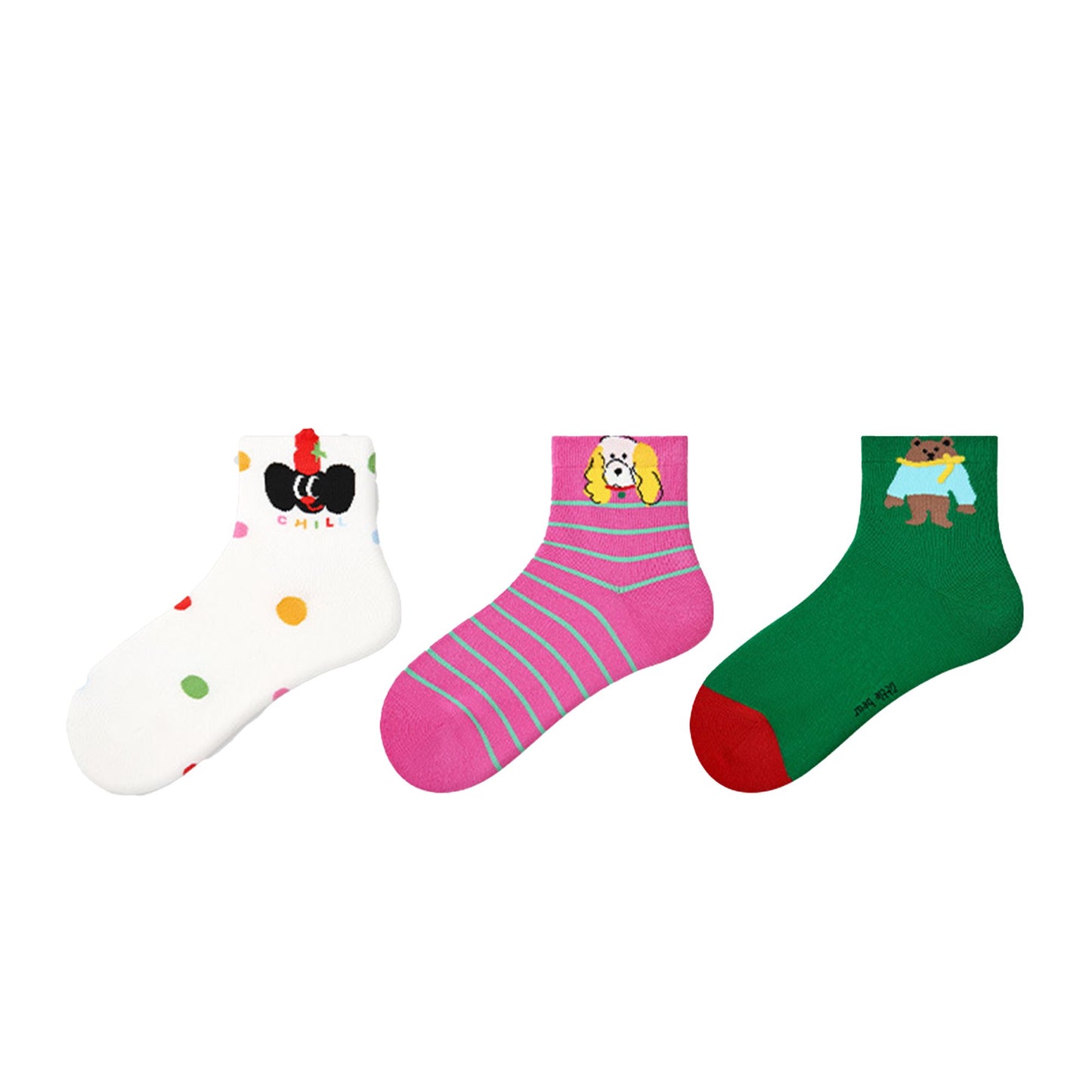 Renaissance Women 3-Pair Ankle Socks Set Assorted Patterns Featuring Colorblock, Cartoon Characters, and Butterfly Prints