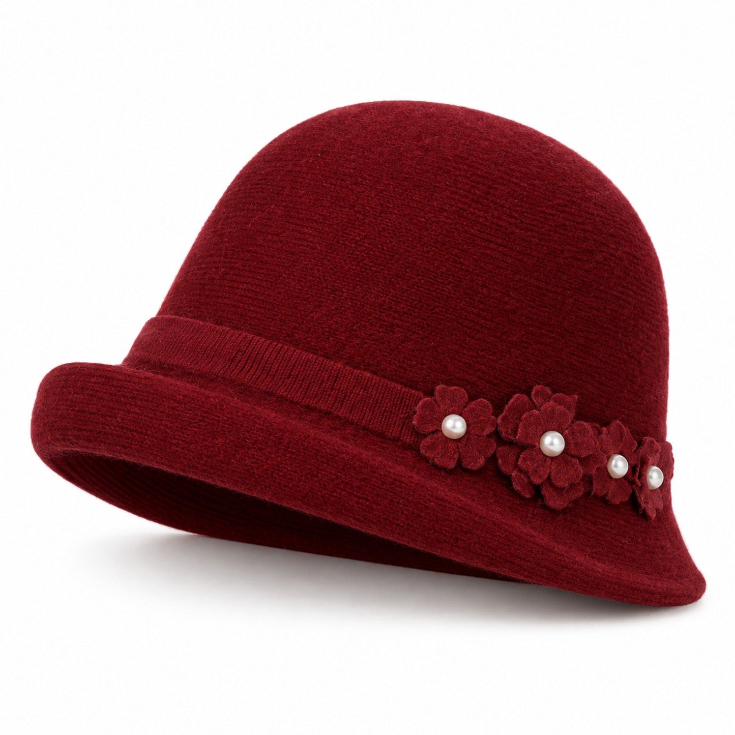 Floral Pearl Accent Cloche Hat Adjustable Brim Dress Hat