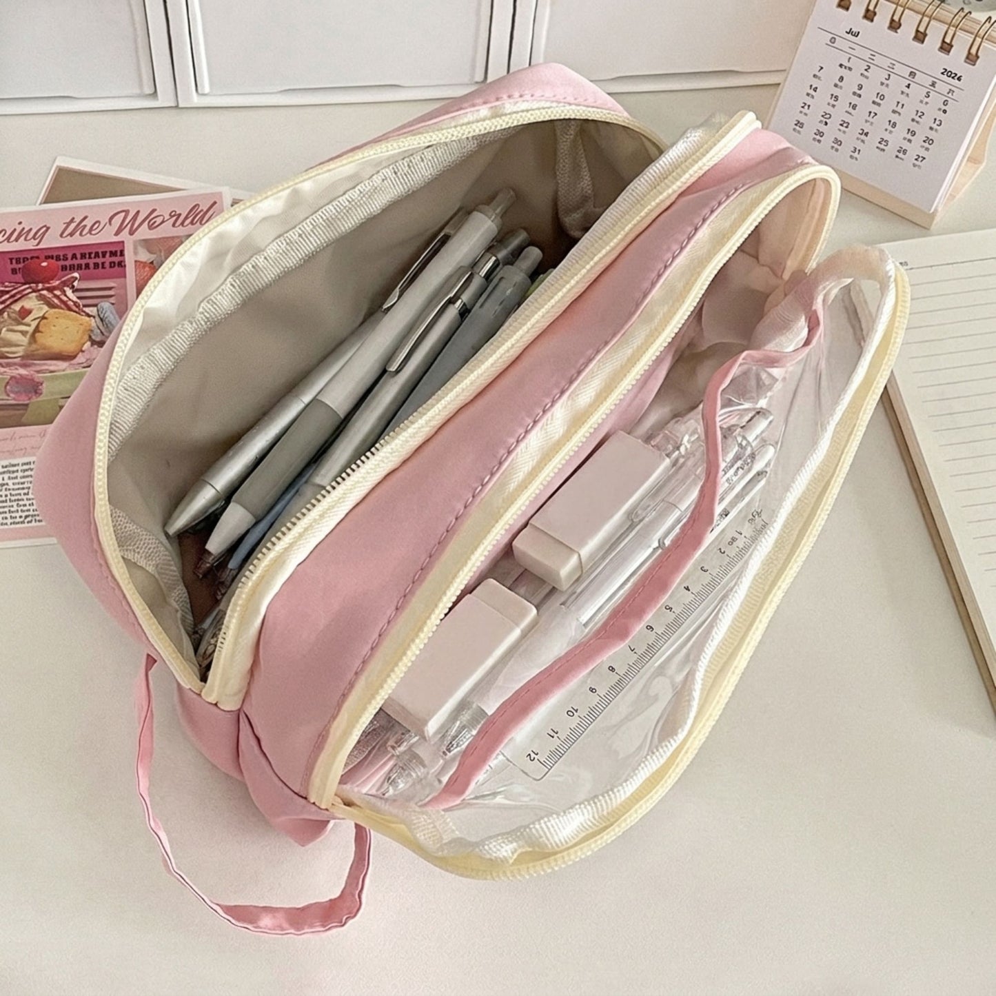 Large Capacity Clear Pencil Case Double Compartment Zipper Pouch with Handle